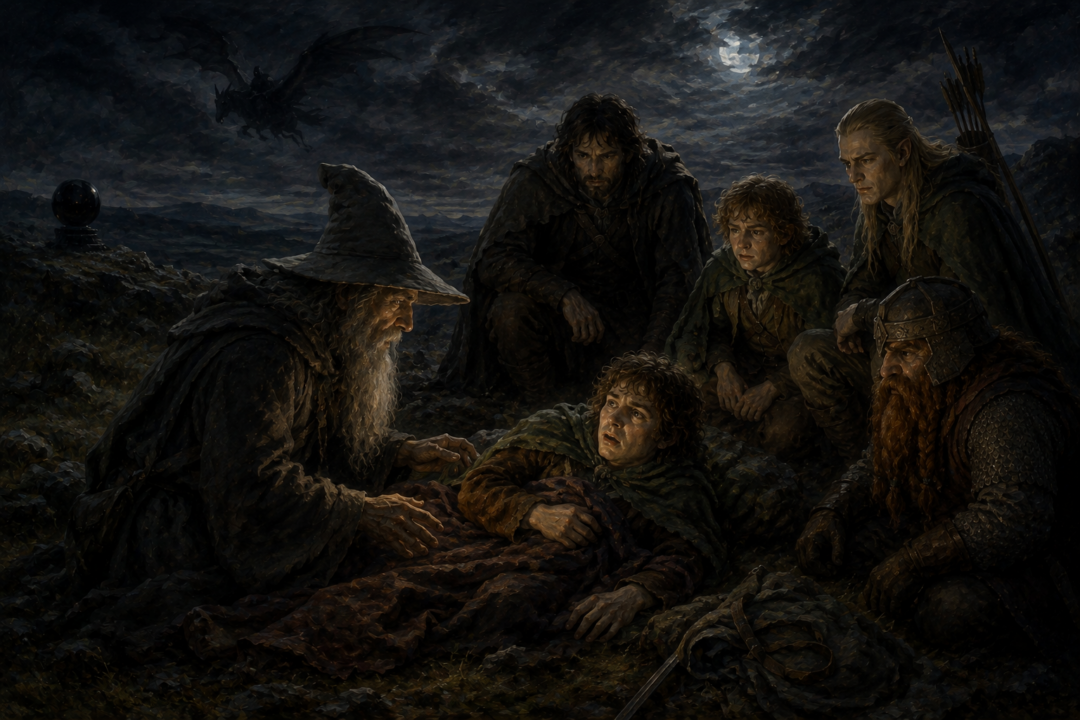 Gandalf questions a shaken Pippin after his terrifying encounter with Sauron through the Orthanc-stone.
