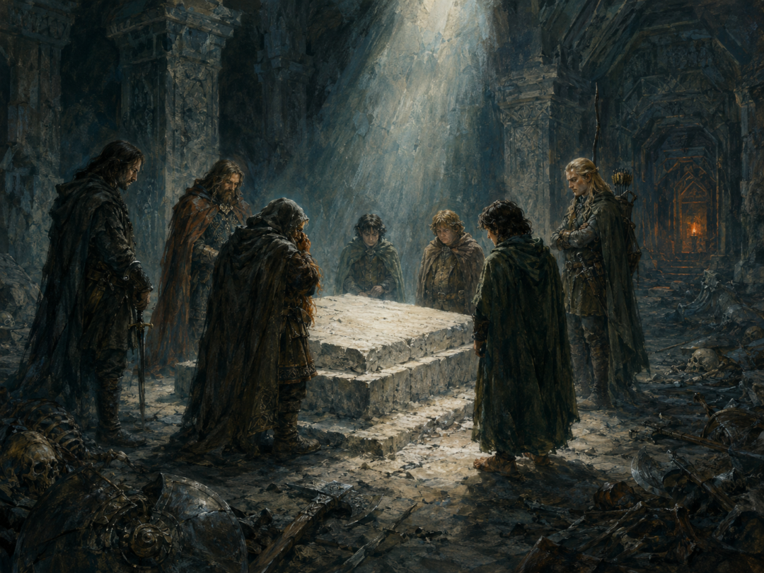 Gandalf examines the runes on Balin's tomb while Frodo and a grieving Gimli stand beside him.