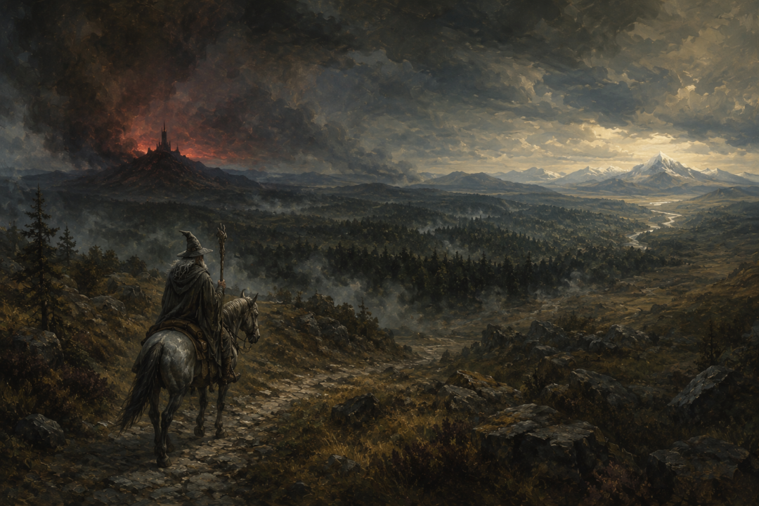 Gandalf rides south alone with dark Mirkwood and the distant threat of Dol Guldur ahead.