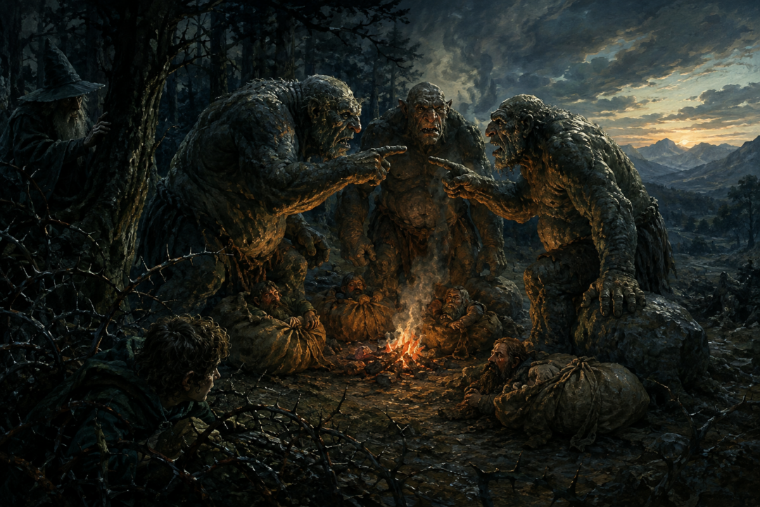 Gandalf hides behind a tree while William, Bert, and Tom argue beside their fire before dawn.