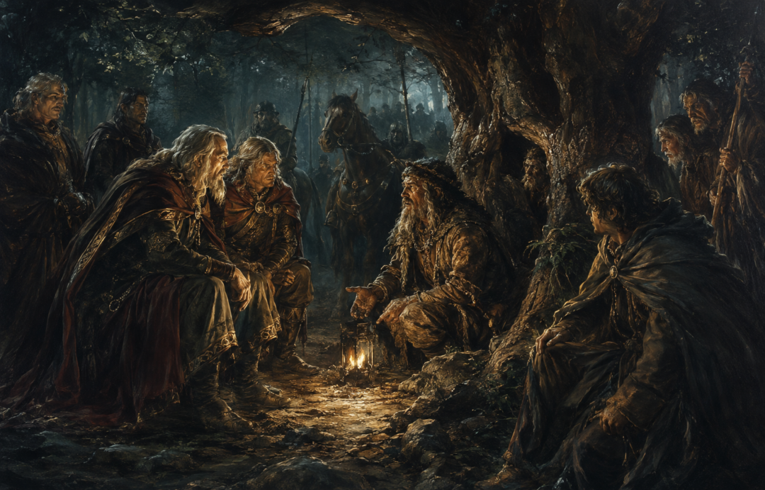 Ghân-buri-Ghân meeting King Théoden beneath the trees of Drúadan Forest before guiding the Rohirrim.