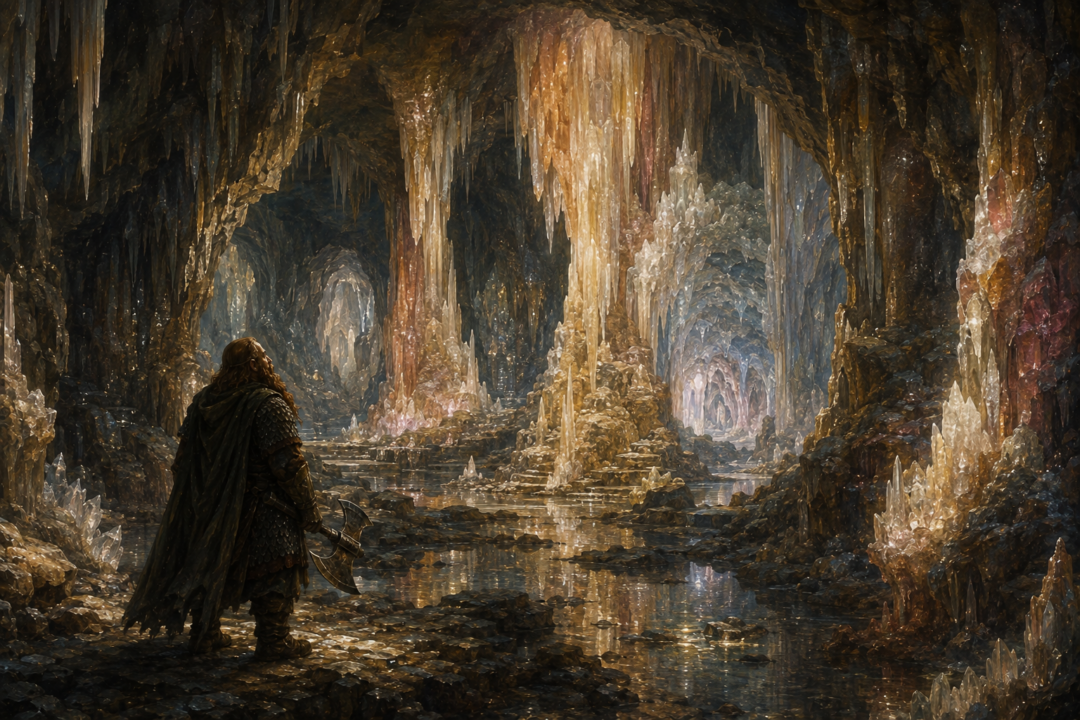 Gimli gazes in wonder at the crystal-lined halls and stone formations of the Glittering Caves of Aglarond.