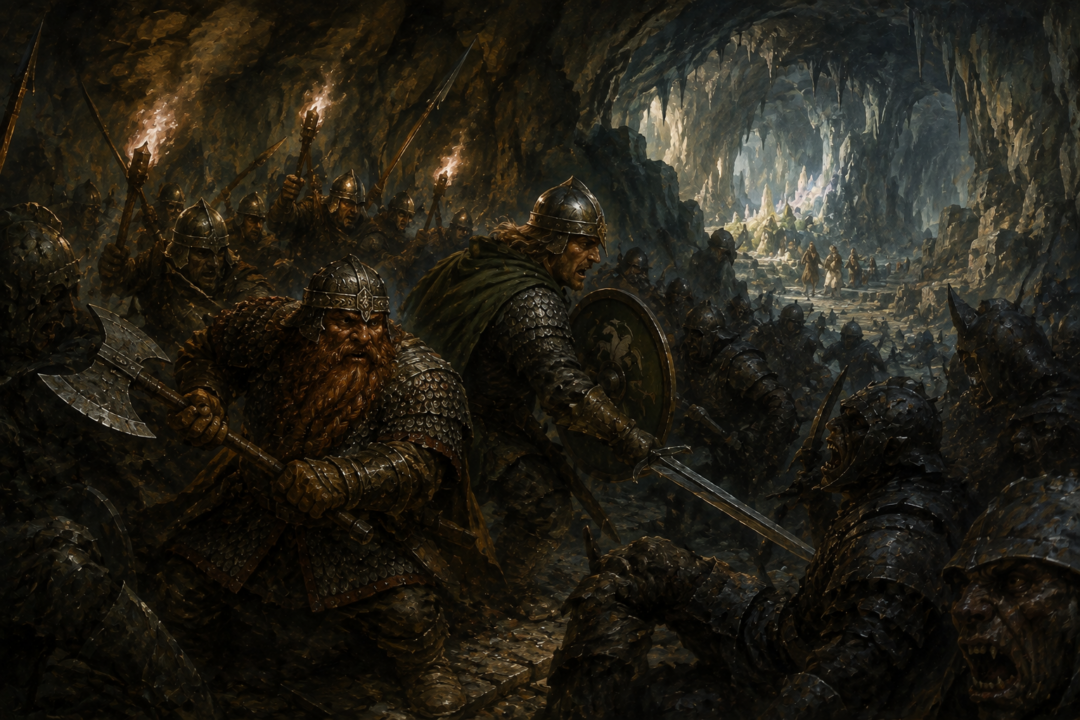 Gimli fights beside Éomer and Rohirrim defenders near the Glittering Caves during the Battle of Helm's Deep.
