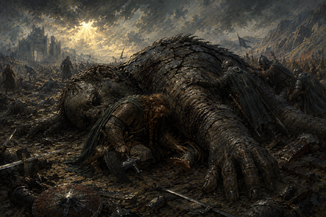 Gimli discovers Pippin alive beneath the fallen troll after the Battle of the Morannon.