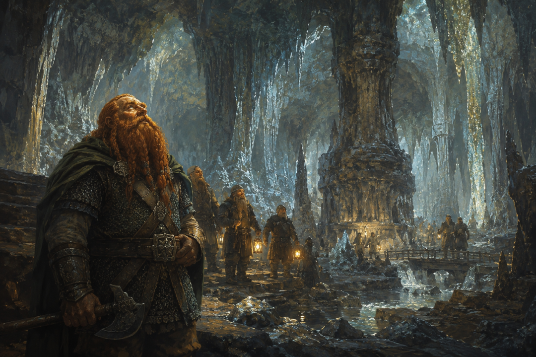 Gimli and Dwarves from Erebor admiring the immense natural stone formations of the Glittering Caves of Aglarond.