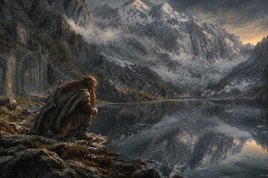 Gimli kneeling beside Kheled-zâram and gazing into the Mirrormere beneath the mountains of Moria