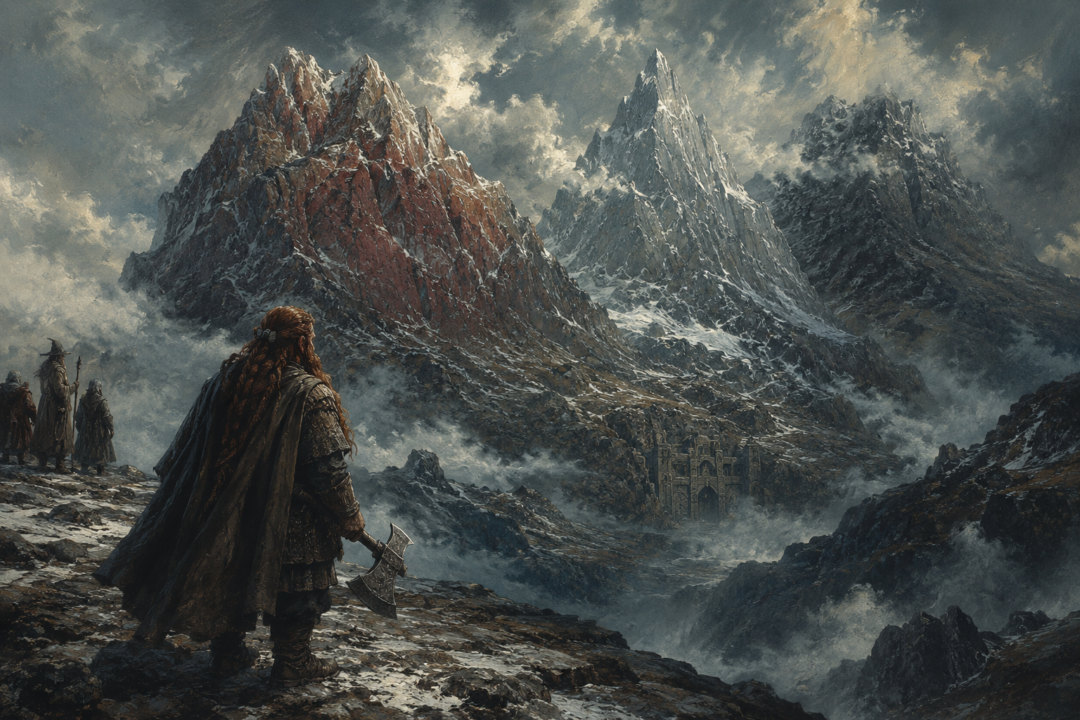 Gimli looking toward the three Dwarven-named mountains above Khazad-dûm, Barazinbar, Zirakzigil, and Bundushathûr