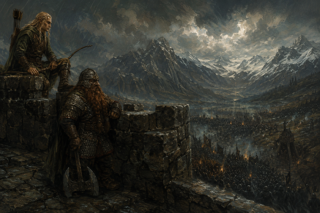 Gimli and Legolas waiting on the Deeping Wall as Saruman's army approaches Helm's Deep.