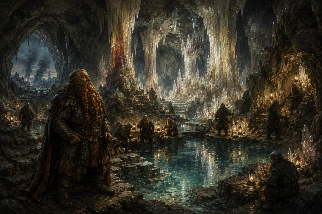 Gimli and Dwarven craftsmen carefully tend the Glittering Caves of Aglarond in the Fourth Age.