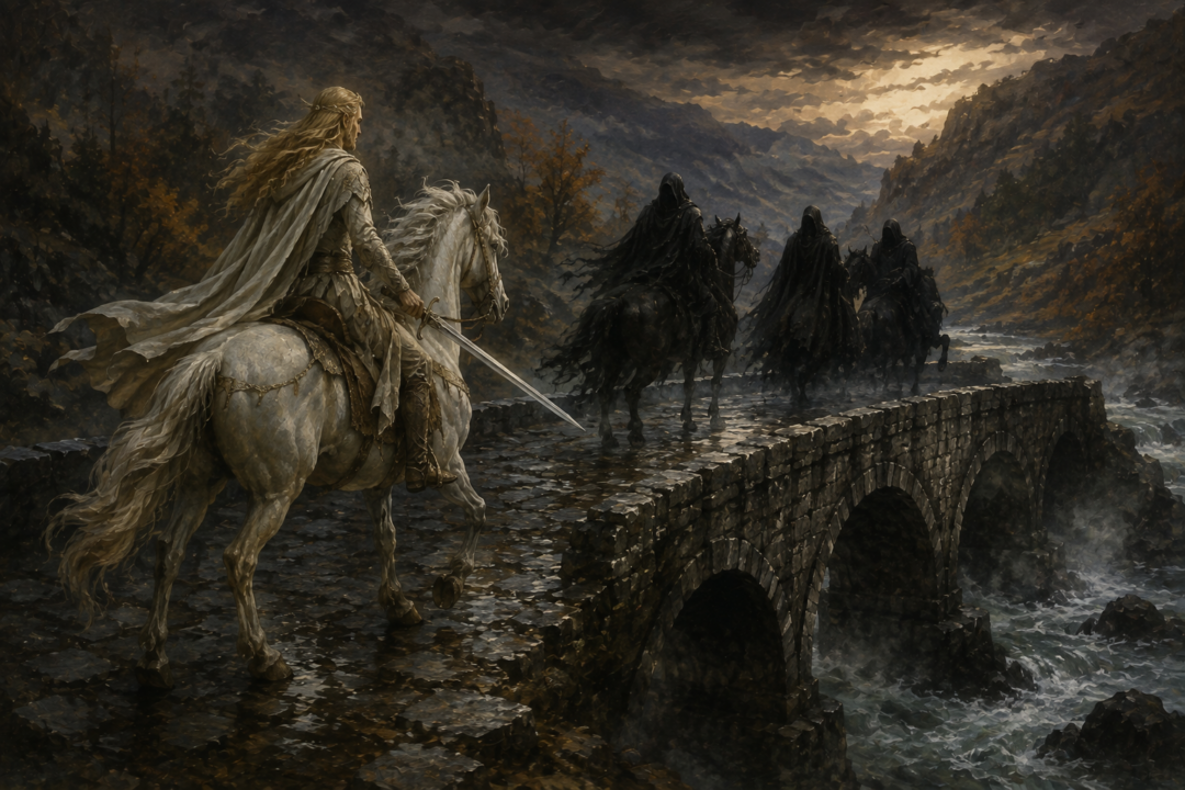 Glorfindel confronts three Nazgûl at the Bridge of Mitheithel before Frodo and his companions arrive.