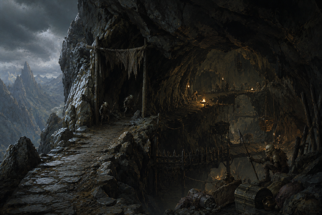 The deceptive Goblin Front Porch opening into guarded tunnels beneath the Misty Mountains.
