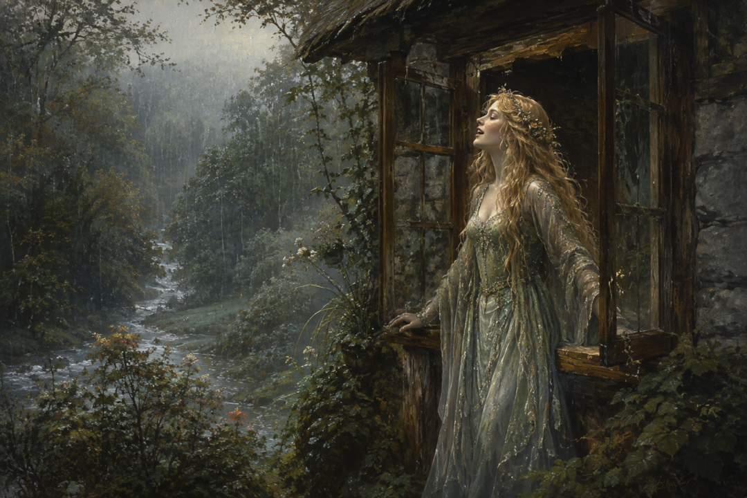 Goldberry sings beside an open window as steady autumn rain falls over the Old Forest and Withywindle valley.