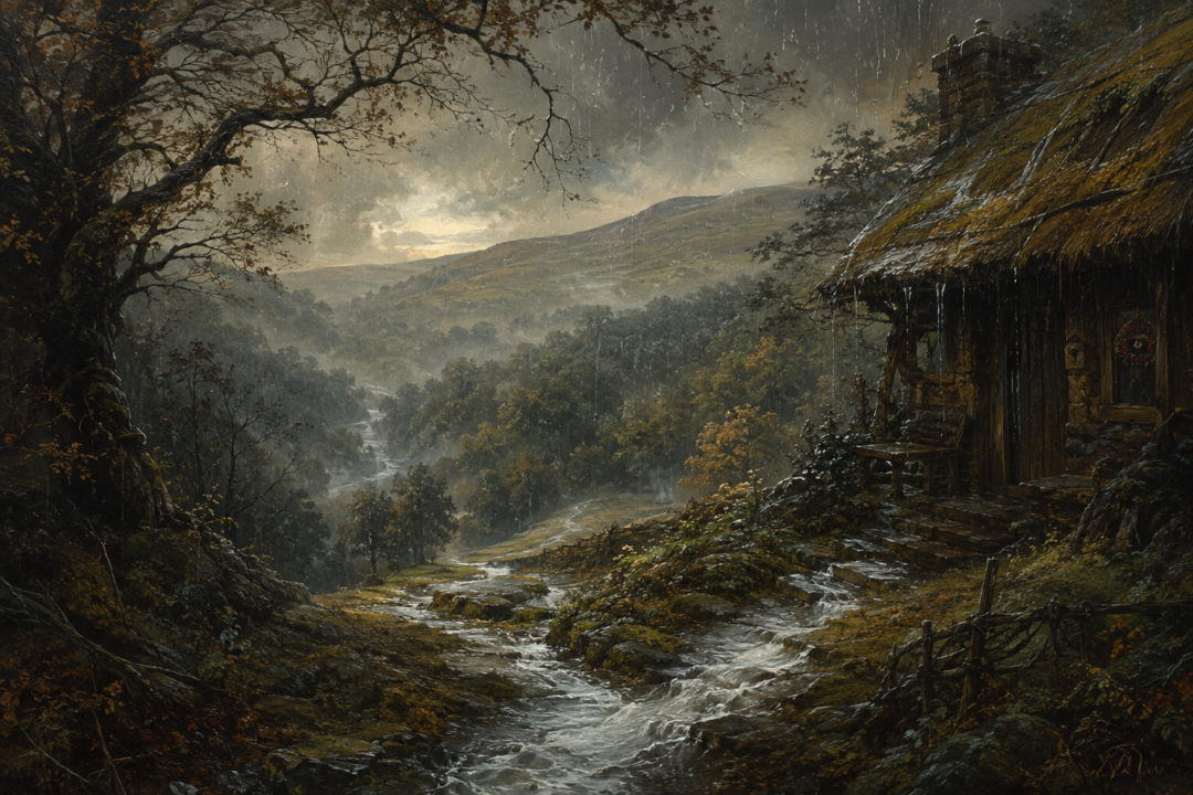 Autumn rain turns the chalk path near Tom Bombadil's house into a stream flowing toward the misty Withywindle valley.