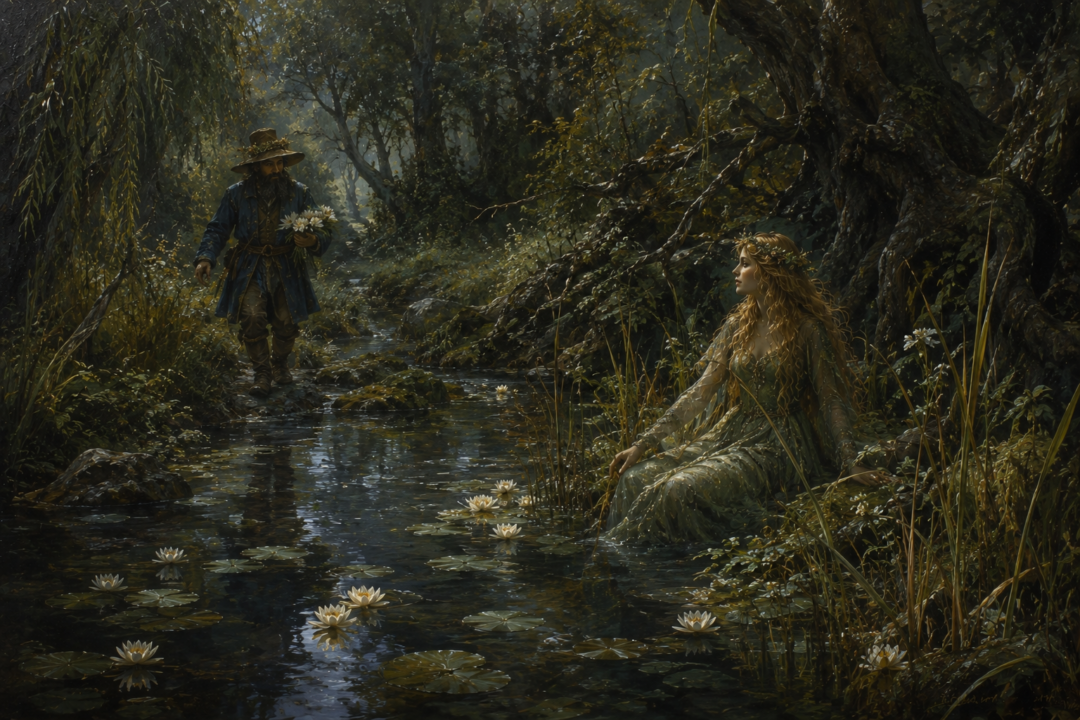 Goldberry sits among rushes and white water-lilies beside a deep clear pool on the Withywindle as Tom approaches.