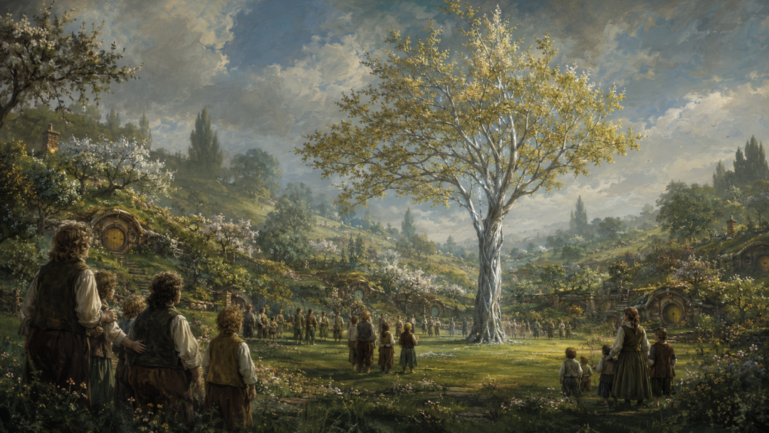 The young golden mallorn flourishing in the restored Party Field as hobbits gather in wonder.