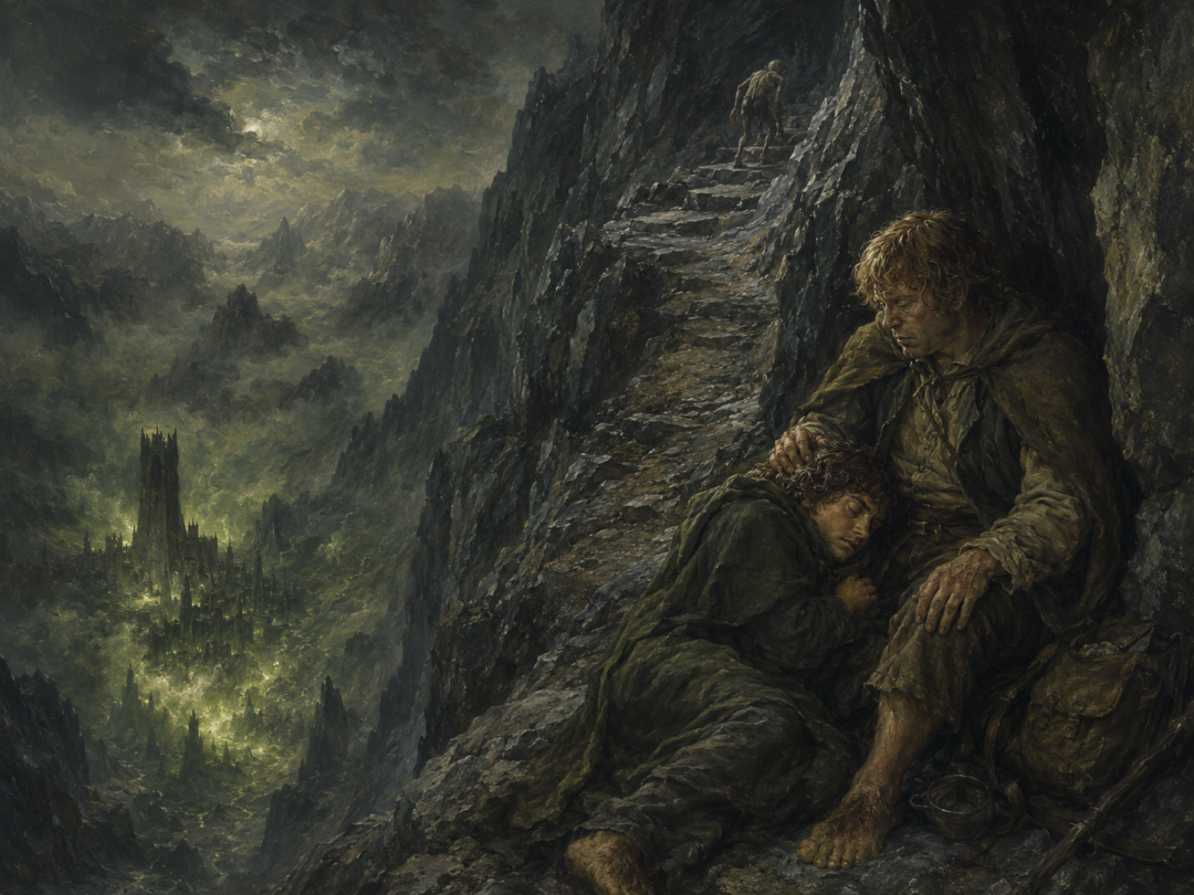 Gollum disappears up the Stairs of Cirith Ungol while an exhausted Frodo and Sam sleep in a rocky recess.