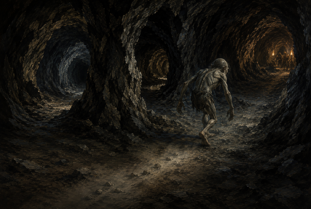 Gollum unknowingly leads an invisible Bilbo through the twisting goblin tunnels toward the mountain exit.