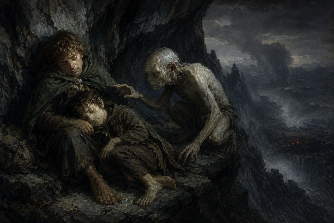 Gollum reaches hesitantly toward the sleeping Frodo while Sam rests beside him on the Stairs of Cirith Ungol.