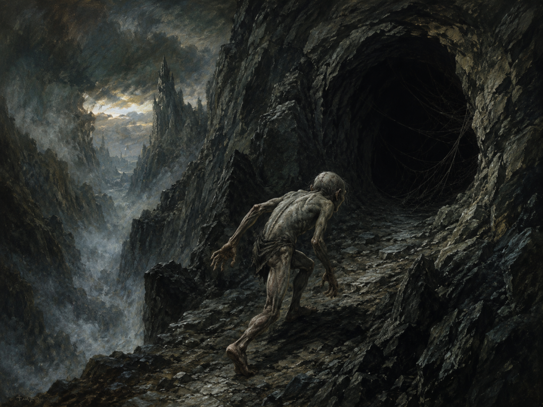 Gollum creeps alone toward the dark hidden entrance of Shelob’s lair above Cirith Ungol.