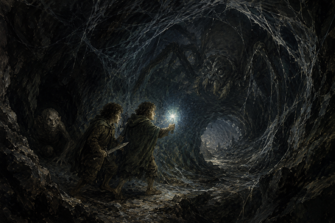 Frodo and Sam enter the dark tunnels of Torech Ungol as Gollum lurks behind them and Shelob waits among the webs ahead.