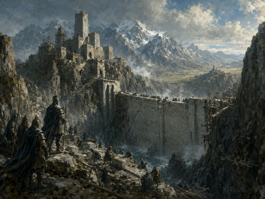 Ancient Gondorian builders constructing the fortress of Aglarond and its barrier wall beneath the White Mountains