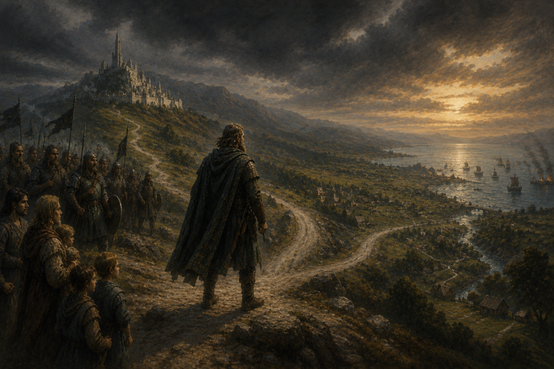 Visual metaphor of a Gondorian lord choosing between sending warriors to Minas Tirith and defending the southern fiefs