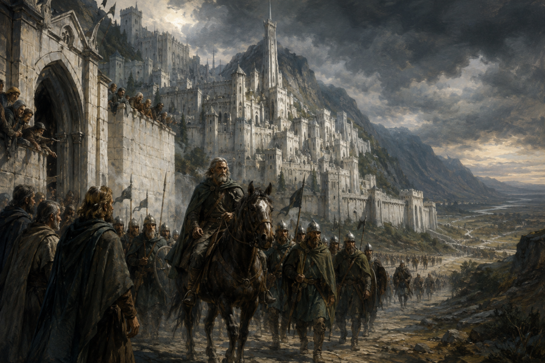 Lord Forlong and the limited reinforcements from Gondor’s southern fiefs arriving at Minas Tirith before the siege