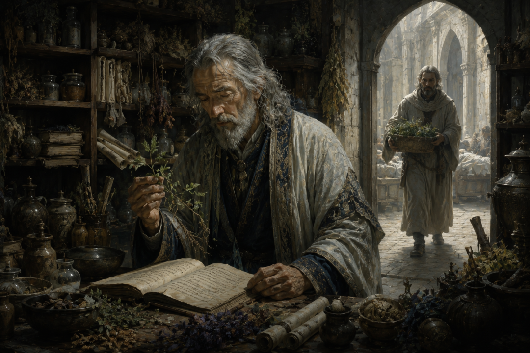 A Gondorian herb-master studies a humble sprig of athelas among shelves of medicinal plants and old records.