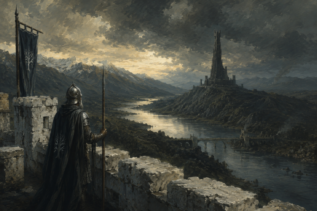 Gondorian guard watching the distant threat of Minas Morgul during the Watchful Peace