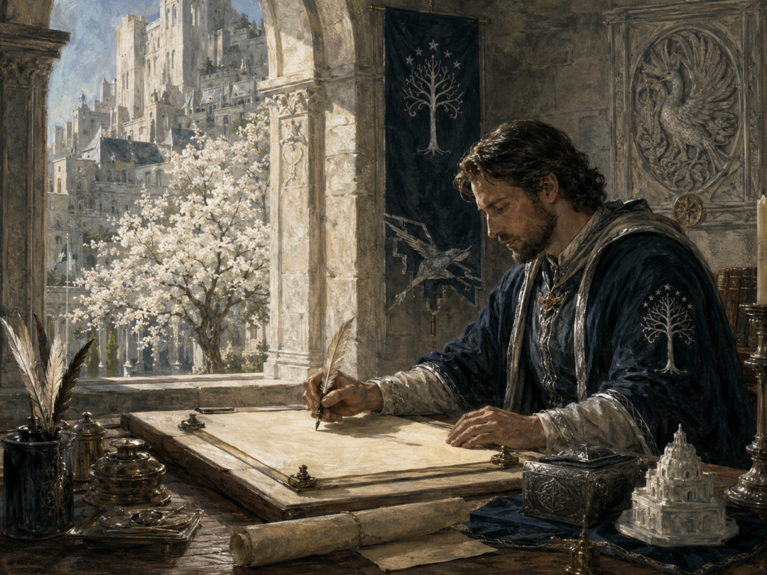 Royal scribe in Minas Tirith preparing records under Gondor’s New Reckoning in the Fourth Age