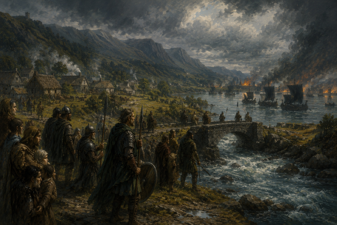 Men of southern Gondor defending their rivers and settlements as Corsair ships threaten the coast