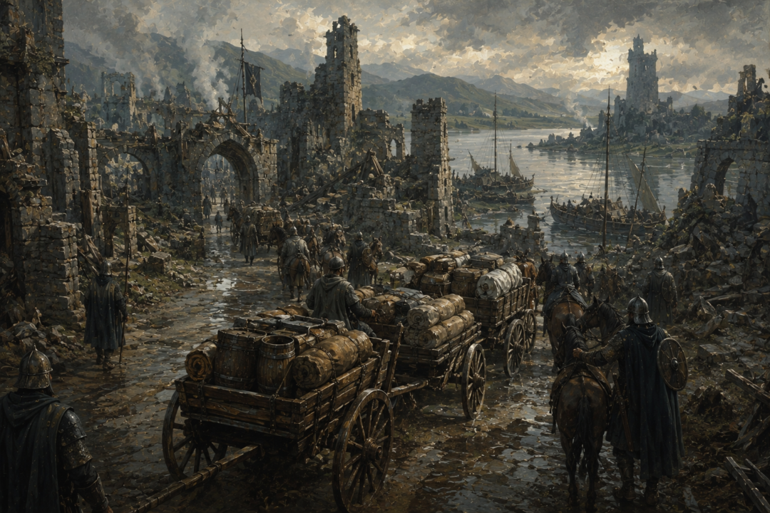 Gondorian supply wains carrying provisions through ruined Osgiliath toward ships on the Anduin.