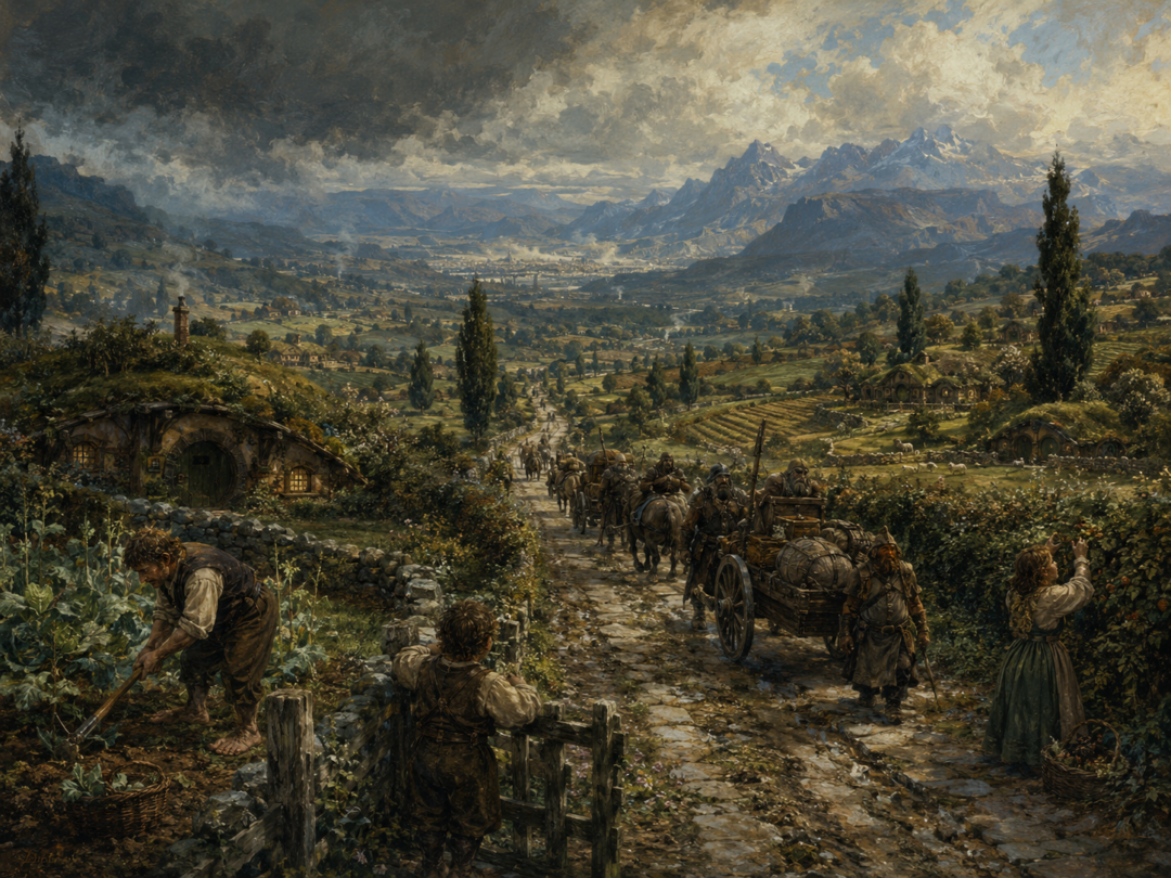 Travelling Dwarves using the Great East Road as it passes through peaceful farmland in the Shire.