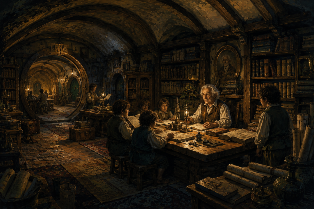 Peregrin Took and his descendants among historical manuscripts in the library of the Great Smials.