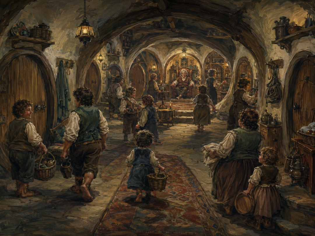 Generations of Took hobbits moving through the branching passages of the Great Smials.