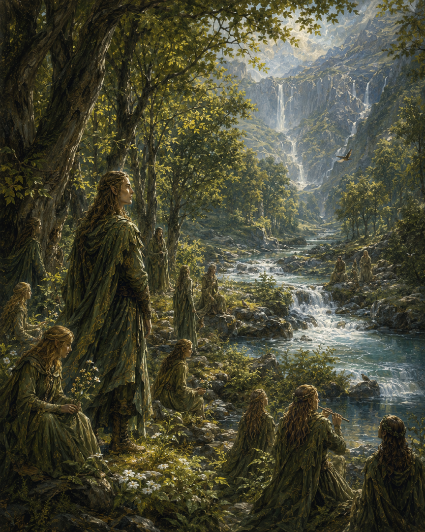 Denethor and the Green-elves of Ossiriand wearing leaf-coloured clothing among the forests and rivers of eastern Beleriand
