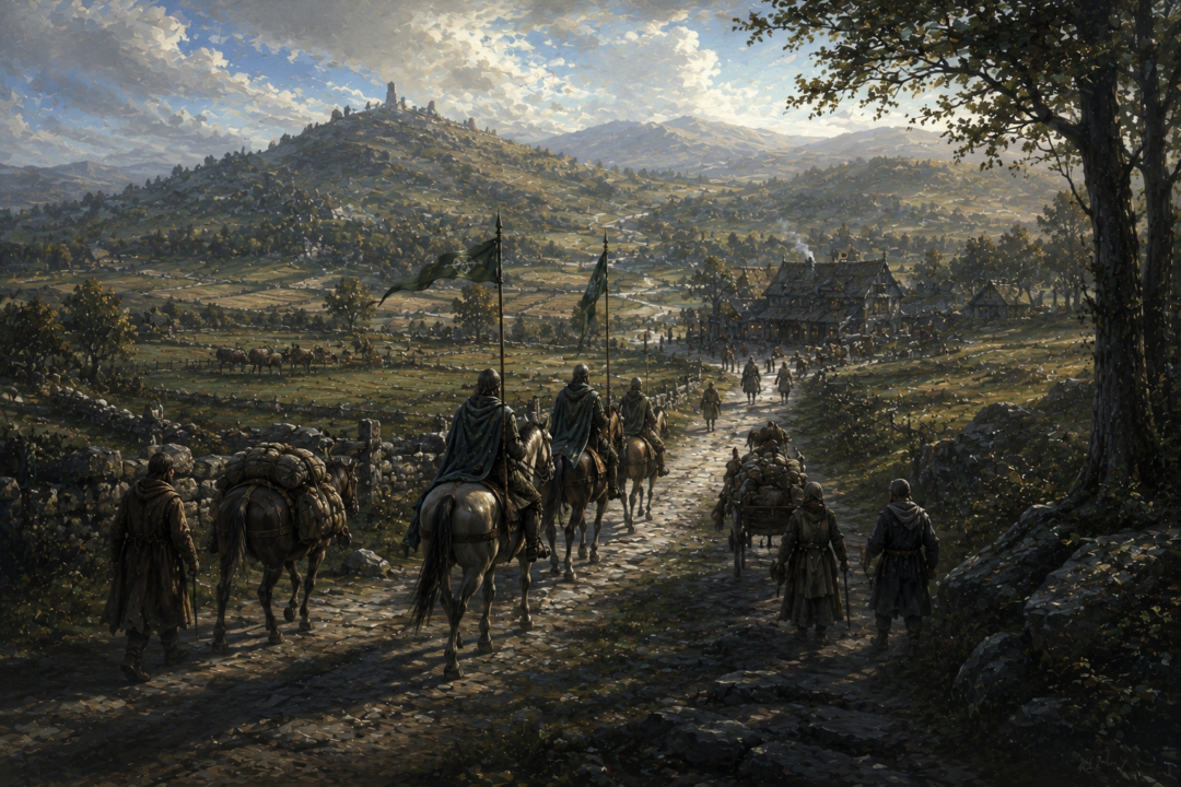 Royal messengers and peaceful travelers use the reopened Greenway near Bree after the War of the Ring.