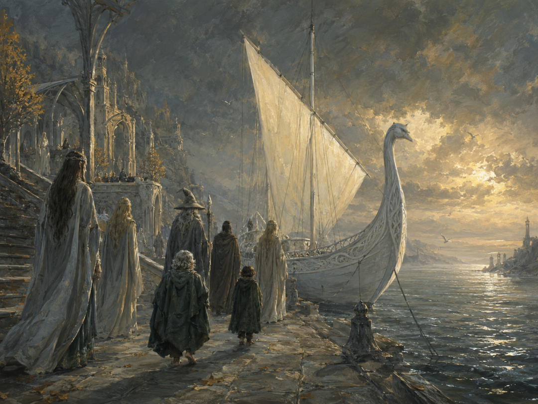 Ring-bearers and Keepers of the Three departing from the Grey Havens at the end of the Third Age