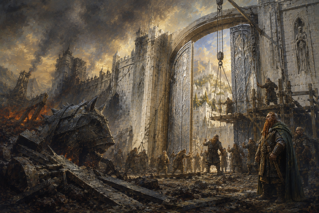 Symbolic contrast between the shattered Gate of Minas Tirith after Grond's attack and its rebuilding by Gimli's Dwarves.