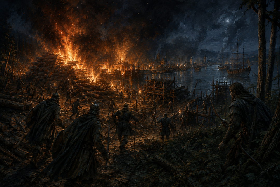Burning Númenórean timber stores beside the Gwathló during conflict with the forest-dwelling inhabitants of the region.