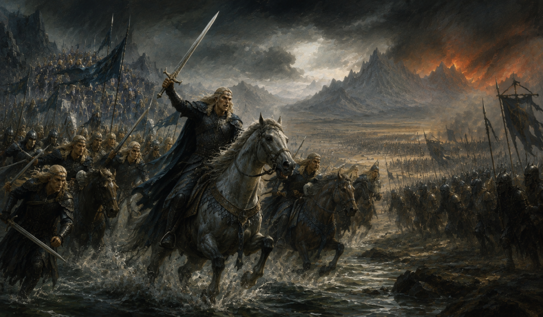 Gwindor and the Elves of Nargothrond charging the forces of Angband as Fingon's army joins the attack.