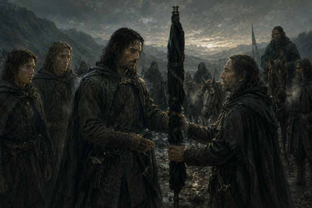 Halbarad presents Aragorn with Arwen’s tightly furled black standard as the Grey Company joins him in Rohan.