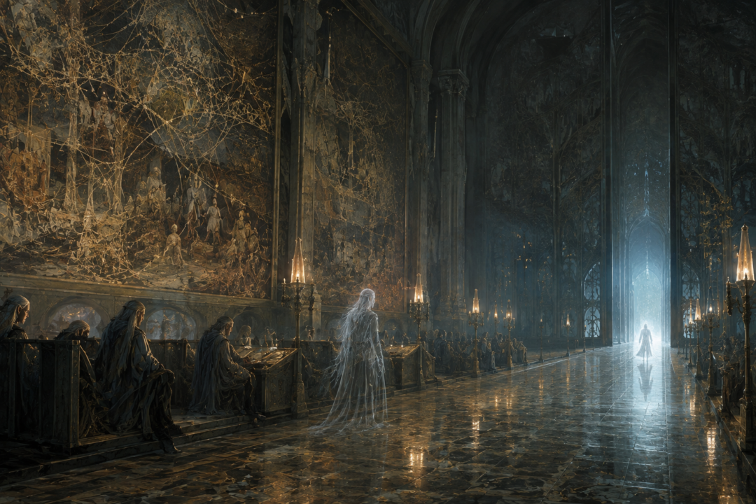 A symbolic vision of the Halls of Mandos contrasting an Elven spirit bound to Arda with the mysterious departure of Men.