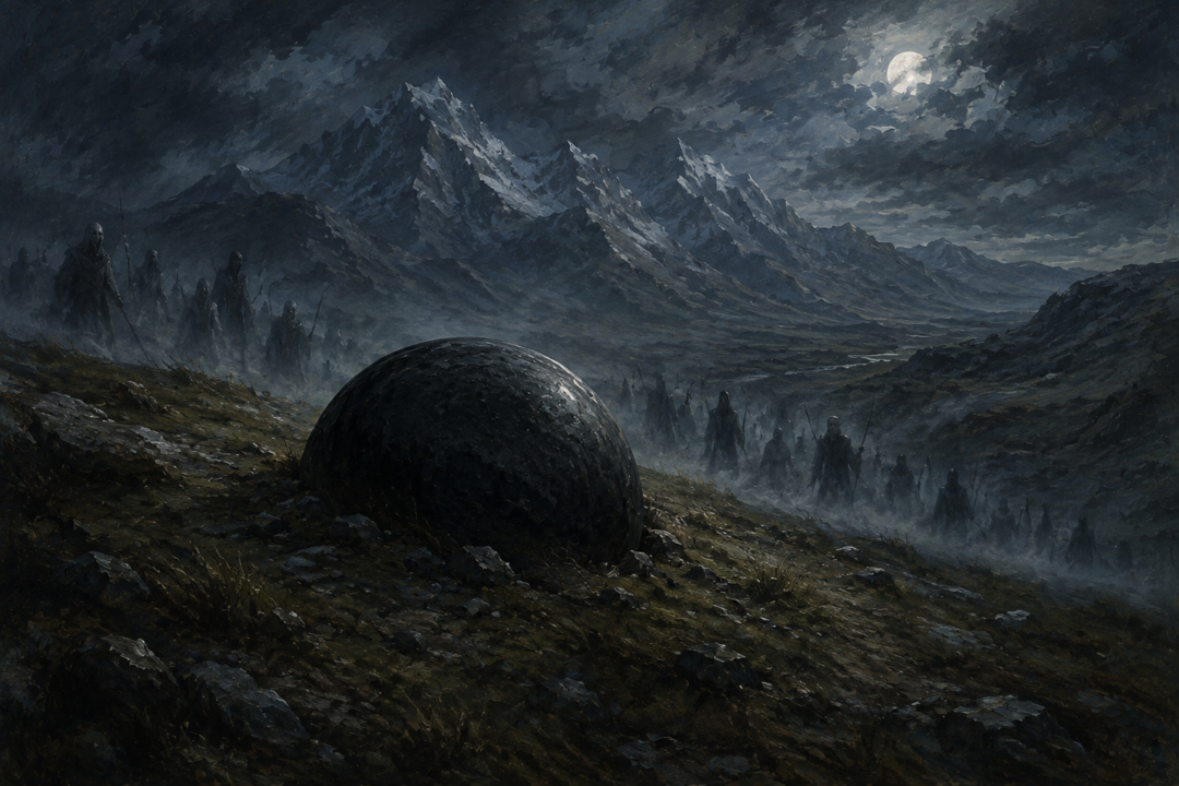The black Stone of Erech on its lonely hill as shadowy forms of the Sleepless Dead gather in the mountain mist.