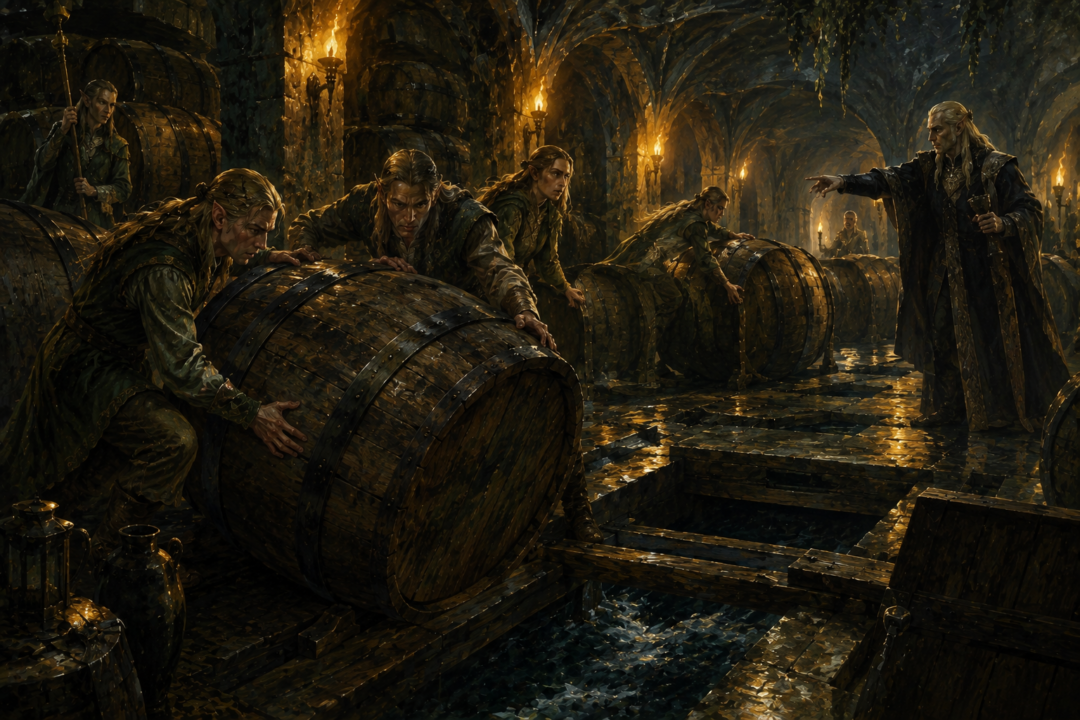 Wood-elves push a heavily laden barrel raft down the Forest River after noticing that the supposedly empty casks float too deep.