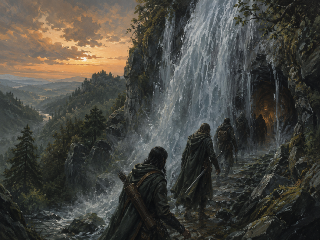 Rangers enter the secret refuge of Henneth Annûn behind its waterfall in Ithilien.
