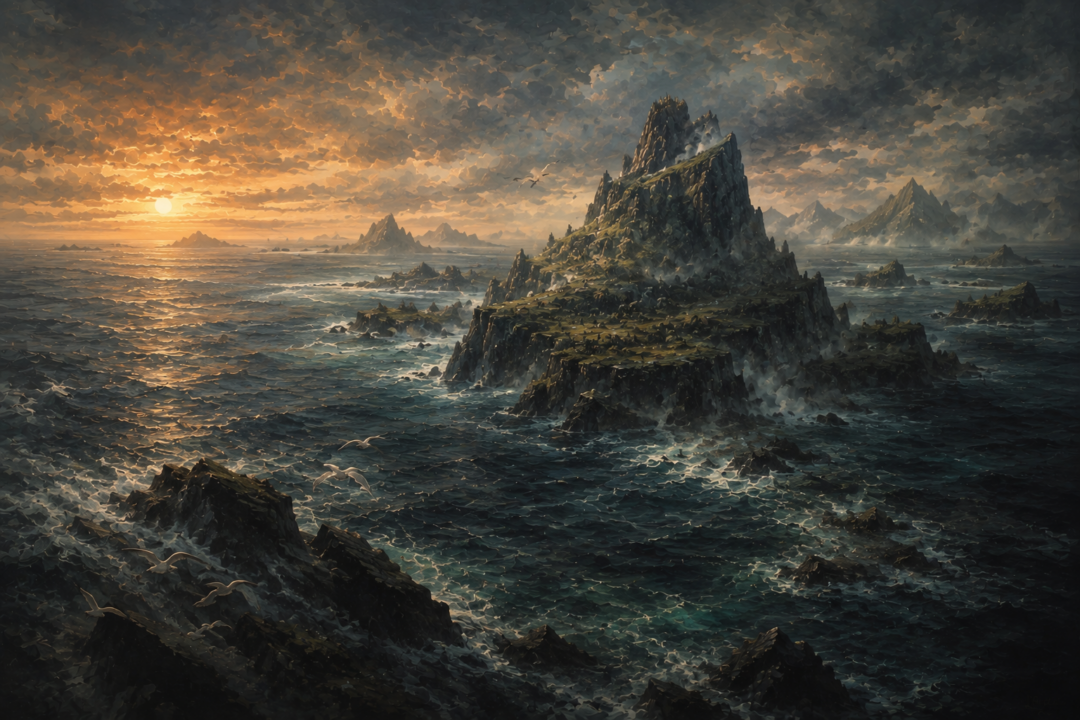 The surviving height of ancient Himring rising as an island above the drowned lands of Beleriand