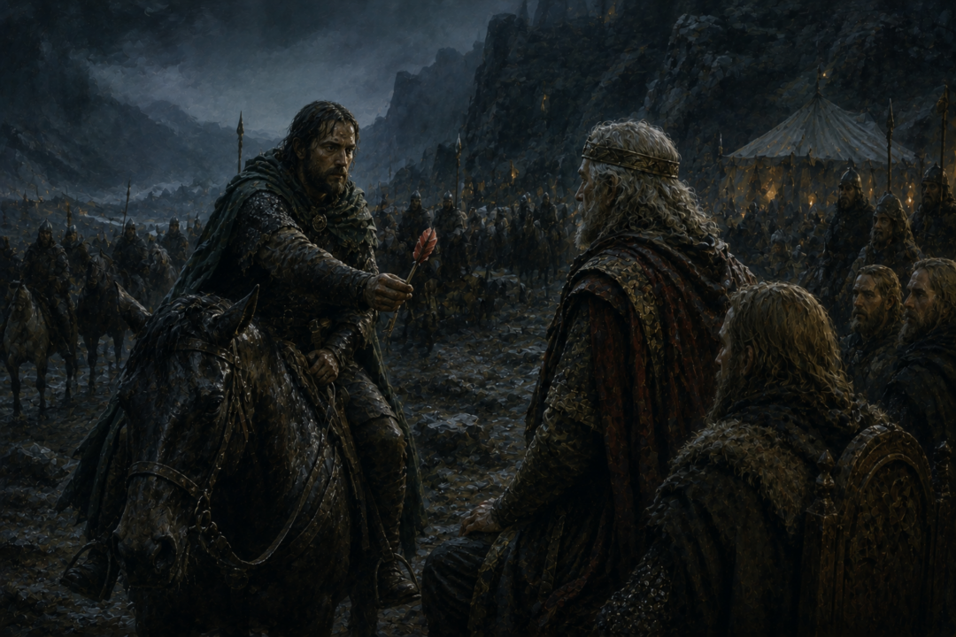 Hirgon presents Gondor's Red Arrow to King Théoden amid the gathering Riders at Dunharrow.