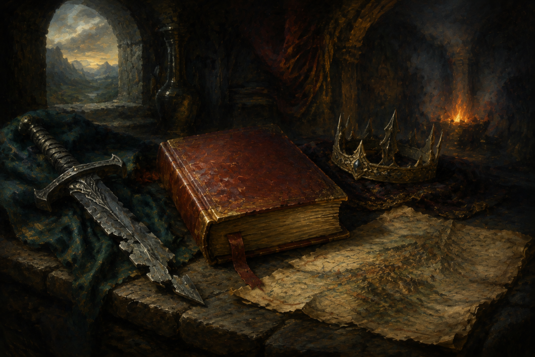 A humble Hobbit book shown alongside symbolic treasures of Middle-earth