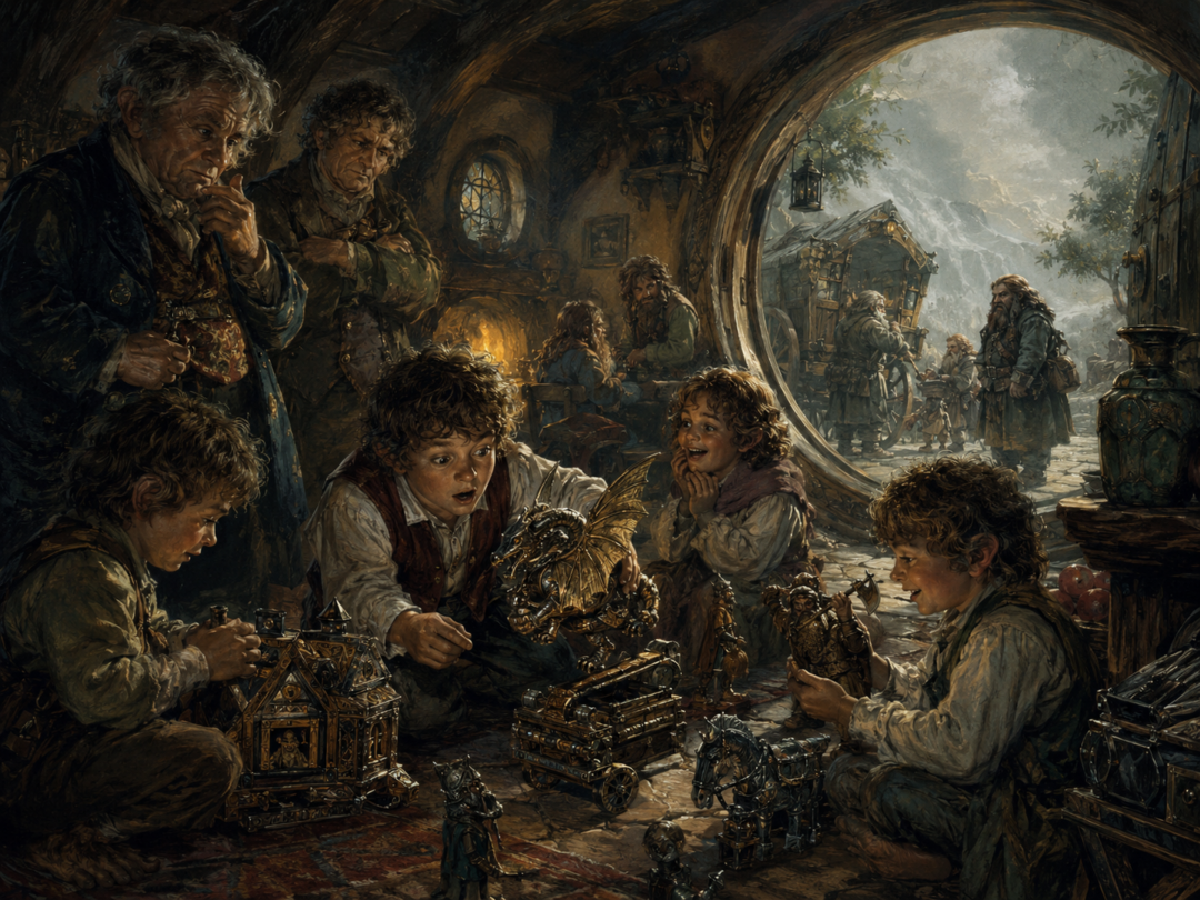 Hobbit children examining rare Dwarf-made toys brought to the Shire from Dale and the Lonely Mountain.
